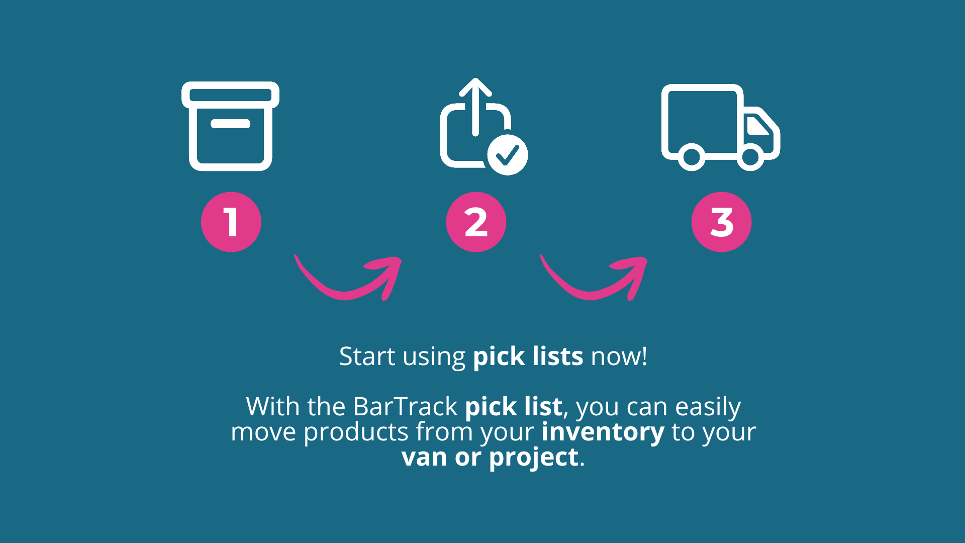 Start using pick lists now! With the BarTrack pick list, you can easily move products from your inventory to your van or project.